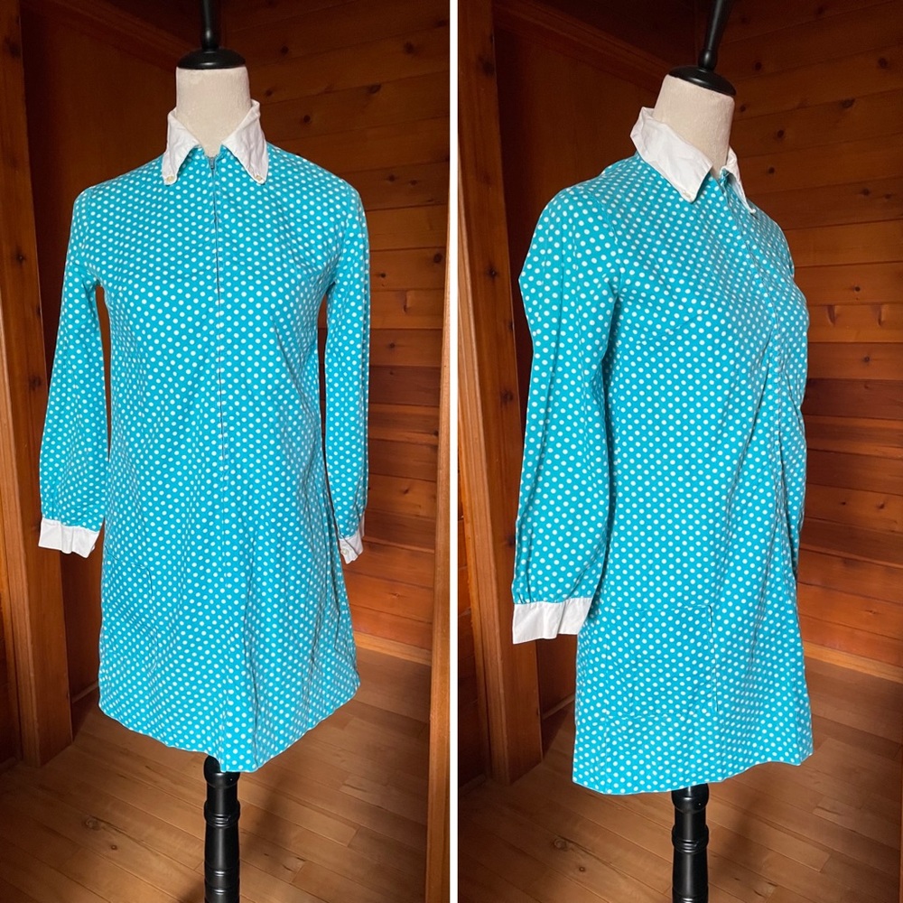 Vintage 60s 70s Blue Polka Dot Zip Front Dress ILGWU Mini Dress XS Small